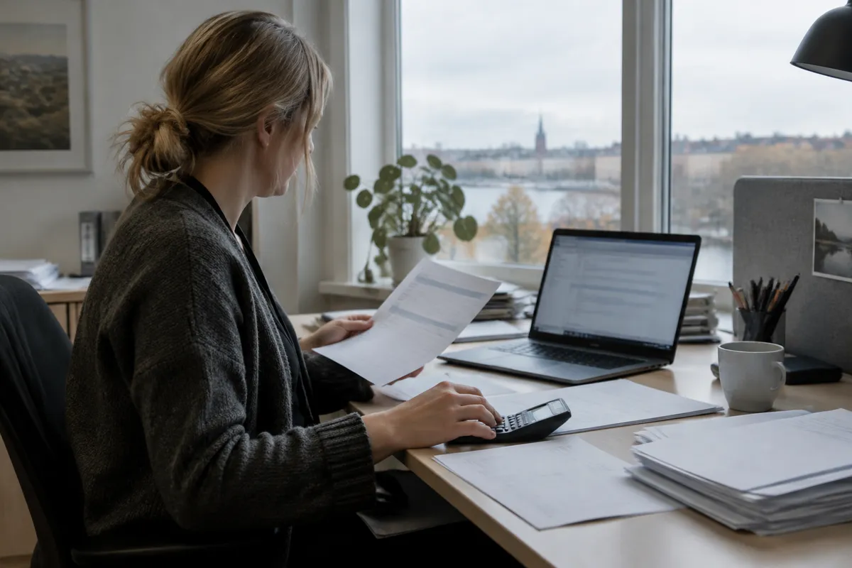 Lönehandläggare vid ett skrivbord med lönebesked och miniräknare i ett ljust kontor