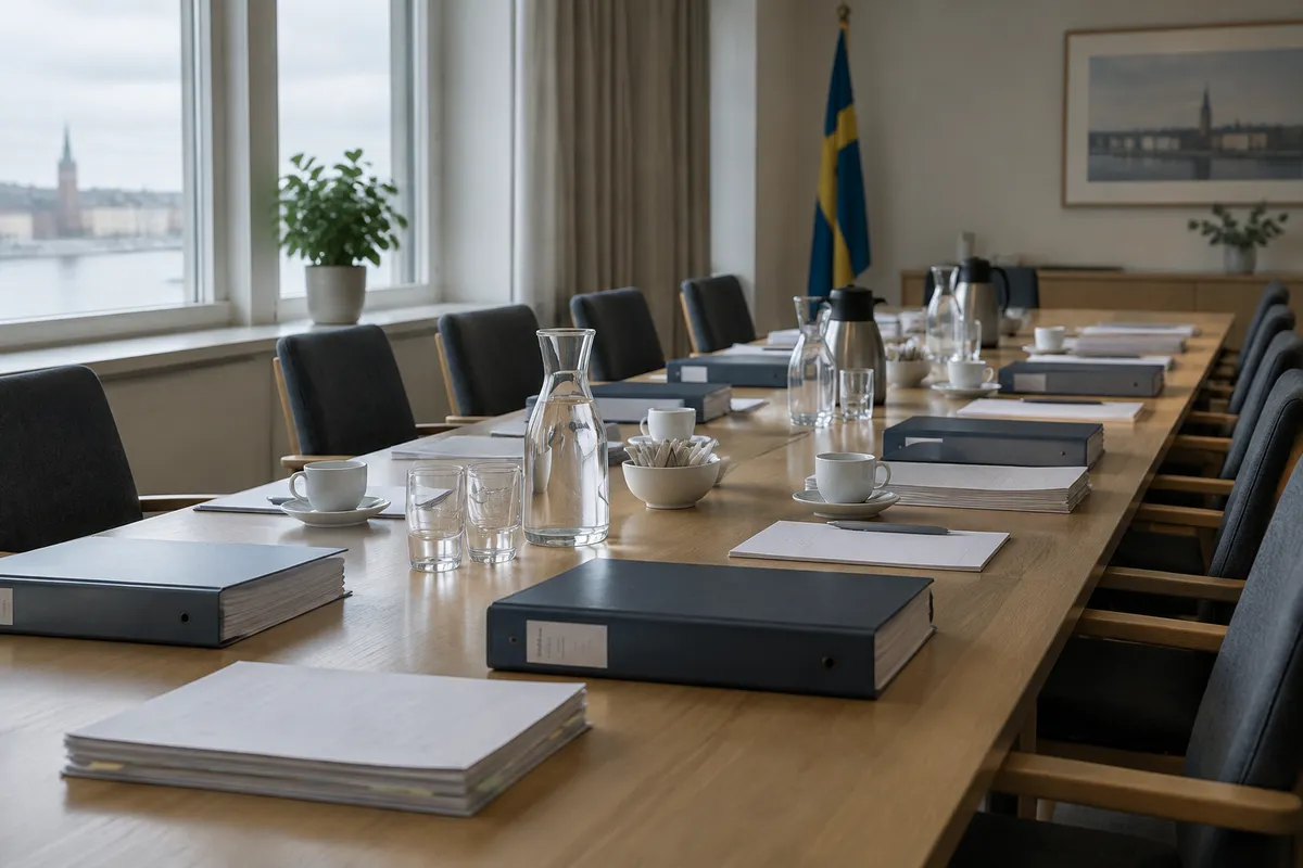 Långt konferensbord förberett för förhandling med pärmar, papper, vattenkaraffer och kaffekoppar