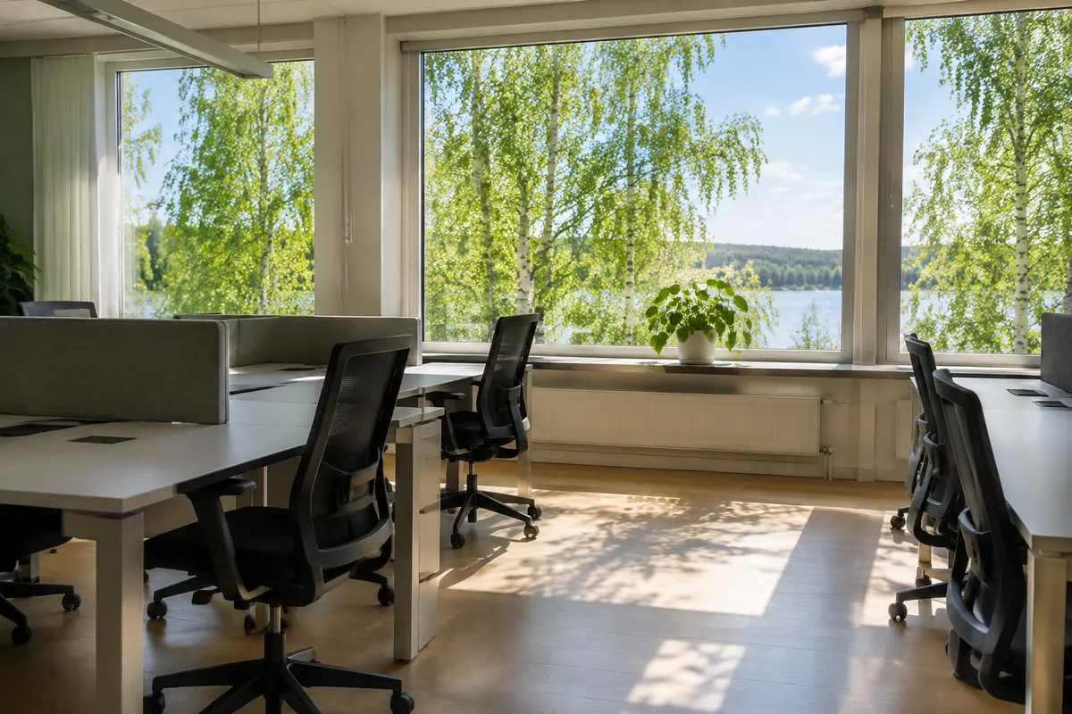 Tomt kontorslandskap en sommardag med björkar och blå himmel utanför de stora fönstren