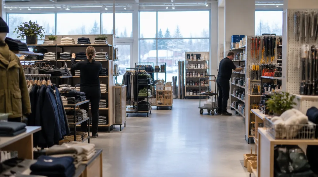 Butik med klädhyllor och verktygsvägg där personal fyller på varor