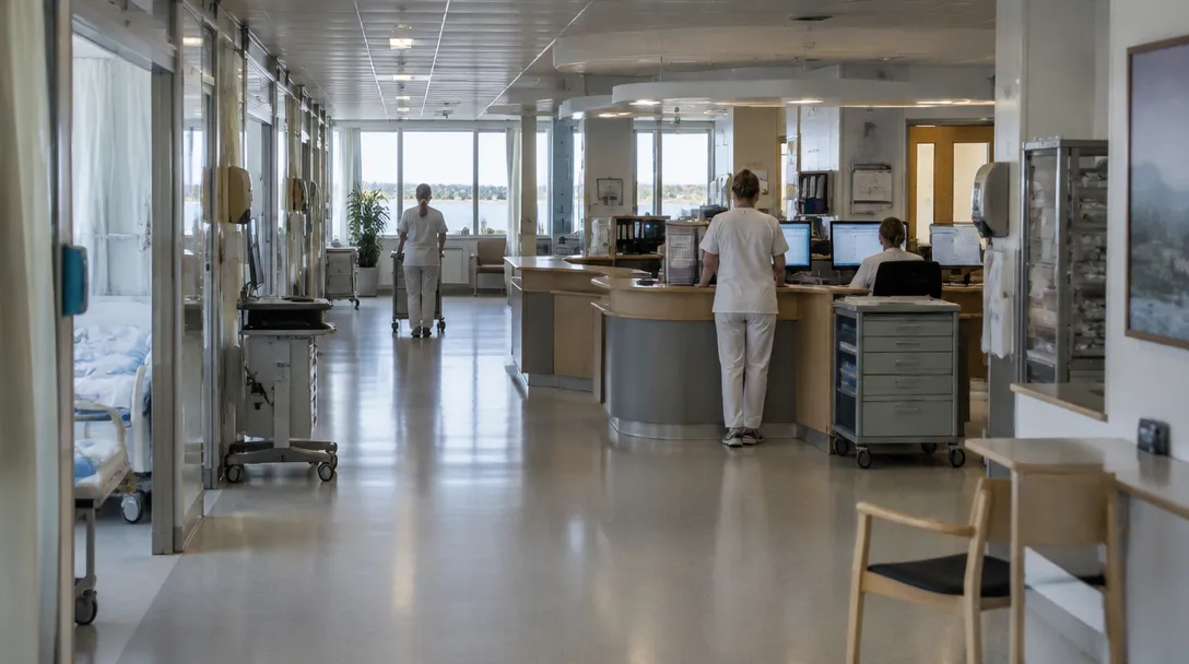 Vårdavdelning med personal vid expeditionen och en lång korridor