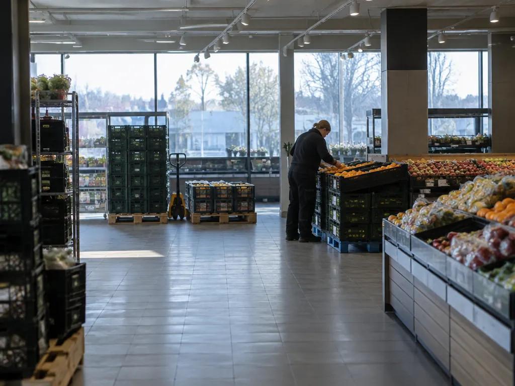 Medarbetare som packar upp frukt i en livsmedelsbutik