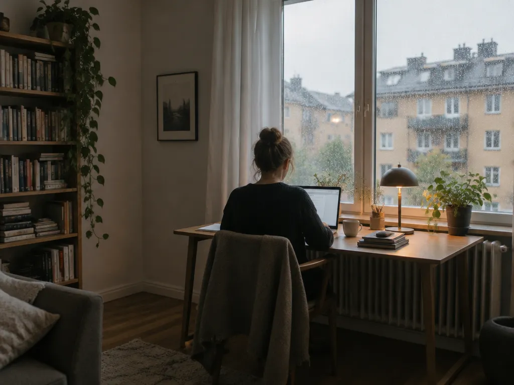 Person som arbetar vid ett skrivbord vid fönstret