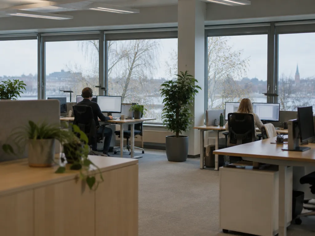Kontorslandskap med skrivbord vid stora fönster