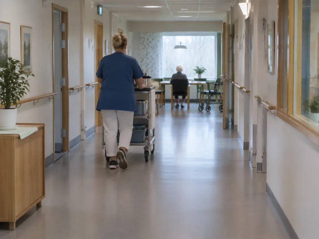 Undersköterska som går med en vagn i en korridor på ett boende
